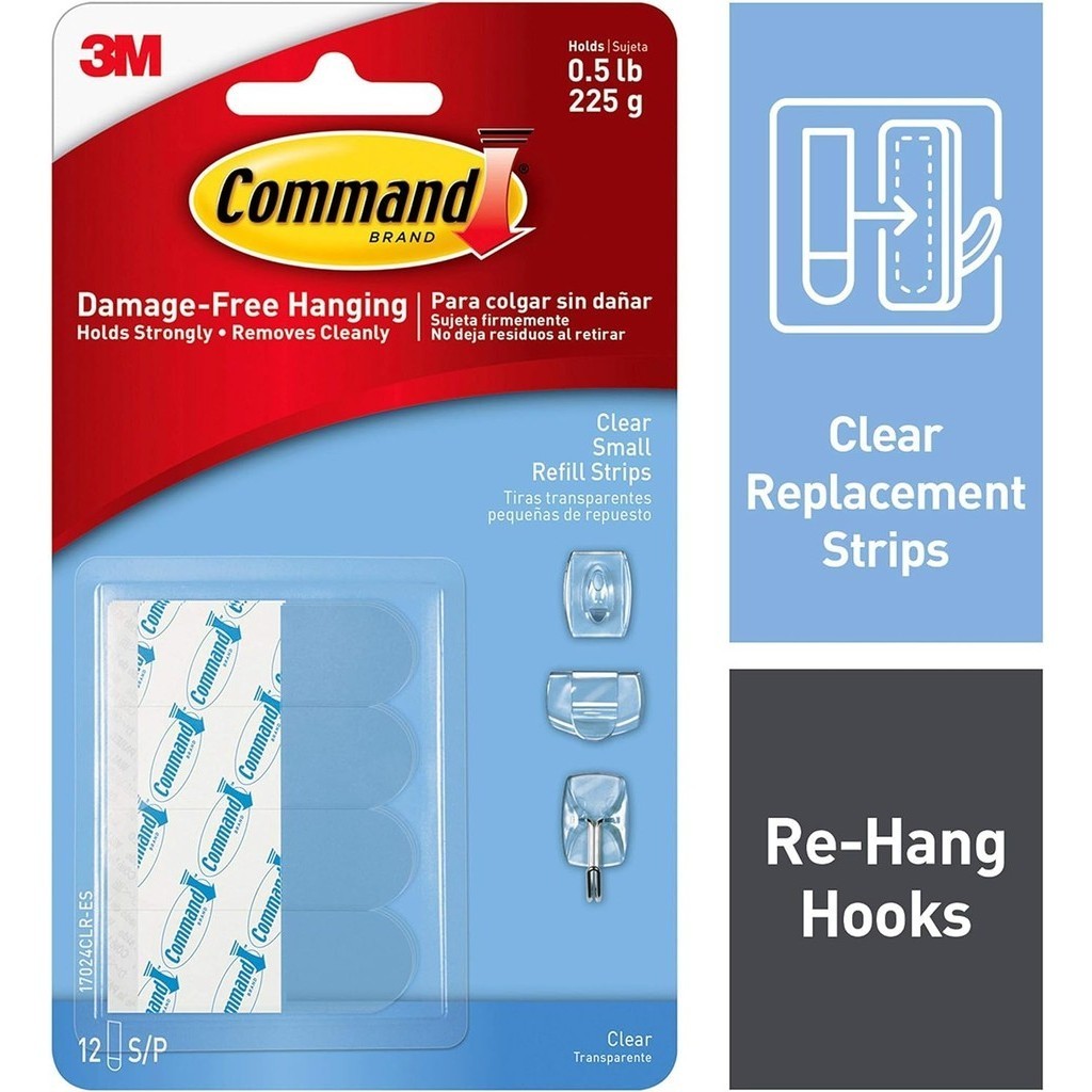 3M Command Small Clear Refill Strips 17024 CLR, 12 แถบ/แพ็ค