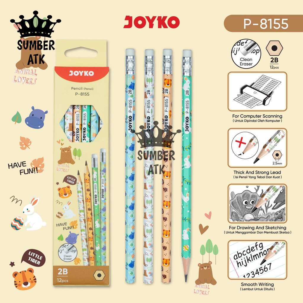 Joyko P-8155 2B ดินสอ 1 กล่อง 12 ชิ้น คนรักสัตว์