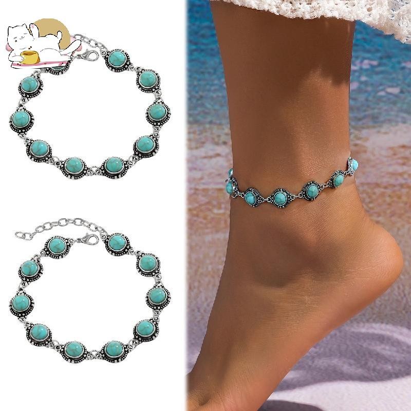Turquoise Anklet Silver Anklet สําหรับผู้หญิงและสาว Bohemian Retro Beaded Anklet Summer Beach Access