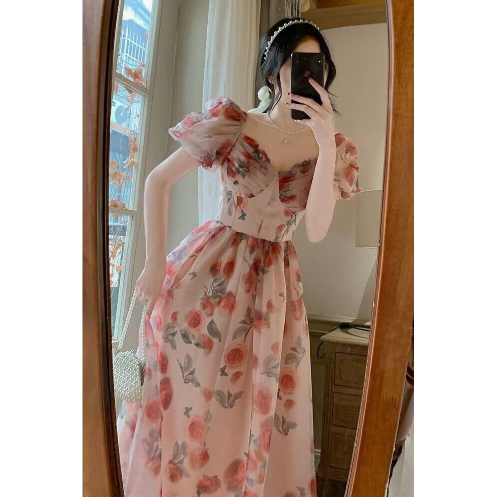 ขนาดใหญ่ขนาดไขมันมม.Retroสแควร์คอHigh-Endชุดดอกไม้ฤดูร้อนแคบเอวเนื้อSlimmerดูFairyสไตล์Beachflowerกร