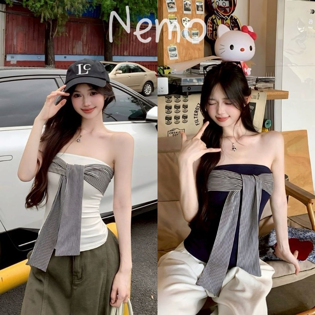 Nemo store🌸#FY5561 เสื้อเกาะอกเสริมฟองน้ำ มินิมอล สีพื้น ดีเทลแต้งโบว์ลายทาง