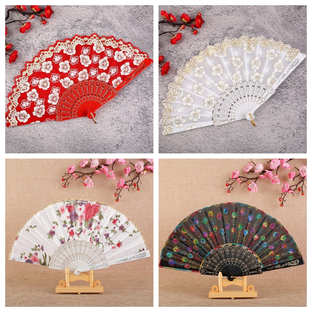 พัดจีน รำพัด พัดเต้นรำ พัดสไตล์วินเทจ ด้ามพลาสติกแต่งสีทอง Hand fan 23cm ลายดอกไม้ สไตล์เรโทร Hand Fans