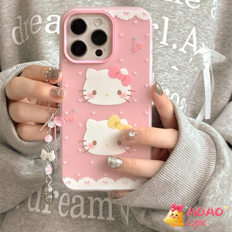 เคสไอโฟน 13 สำหรับ iPhone 11 15 16 13 14 12 Pro Max 15 14 13 16 Plus XR X XS น่ารักน่ารักคิตตี้เชอร์รี่ใหม่ 2 in 1 กำไล