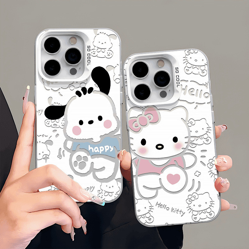 เหมาะสําหรับ iPhone 11, 15, 12, 13, 16, 14 Pro Max, 8 Plus, 7 Plus, X, XR, XS, Max 7, 8 Plus, SE!เคสโทรศัพท์วัสดุ PC Sanrio Pudding Dog & Hello Kitty Laser Style ความโปร่งใสสูงทนต่อการสึกหรอเลนส์รวมทุกอย่าง