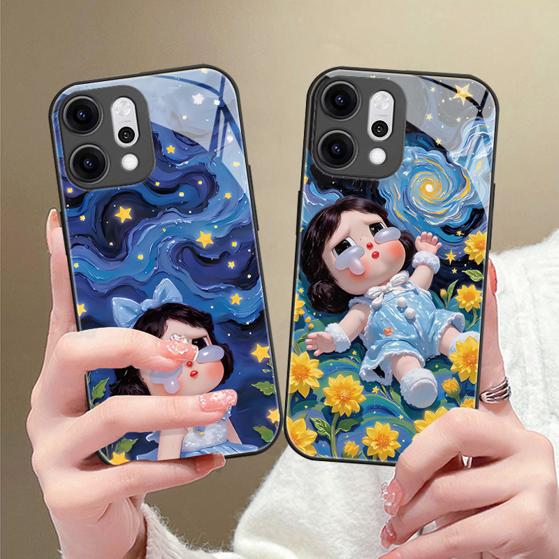 เคส OPPO Reno 14 14F 5G เคส OPPO Reno 14 Pro 5G Case เคสน่ารักไคร้เบบี้ Crybaby สีน้ําเงินท้องฟ้าเต็มไปด้วยดวงดาวดอกทานตะวันตลกอินเทรนด์กันกระแทกเคสหรูหราเปลือกใหม่เคสโทรศัพท์กระจกสําหรับสาวผู้หญิงนักเรีย