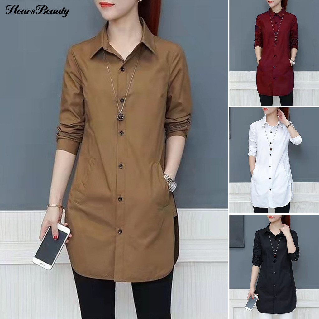 Hew-ผู้หญิงเสื้อสีทึบแขนยาวกระดุมแถวเดียว Turndown Collar หลวม Streetwear ฤดูใบไม้ผลิ