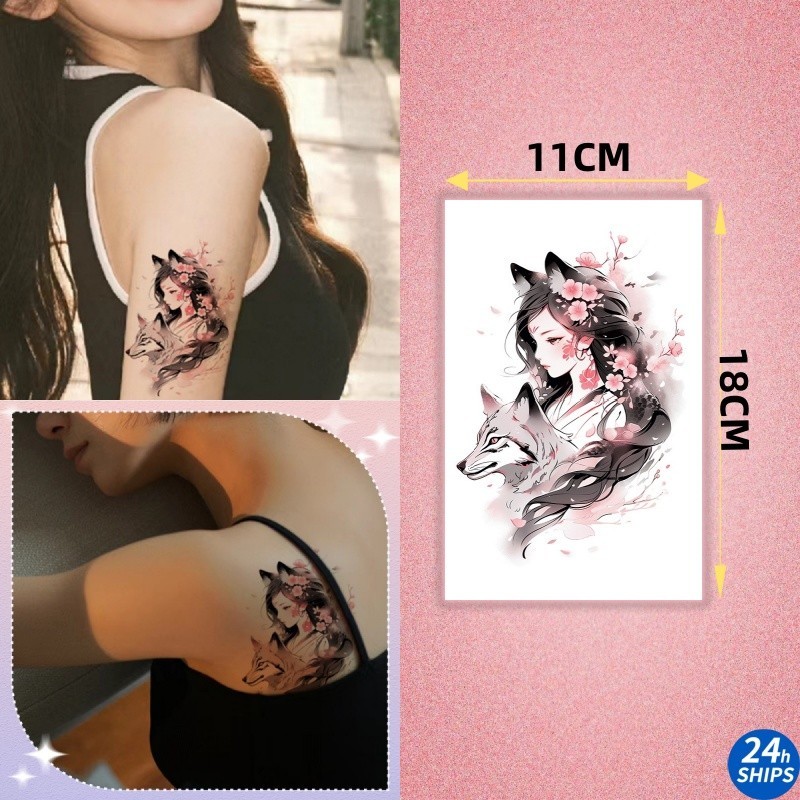 รอยสักลายสาวหมาป่าน่ารักสาวแขนสักสติกเกอร์รอยสักกันน้ํายาวนาน7วันสักเท็จชั่วคราว11*18เซนติเมตร