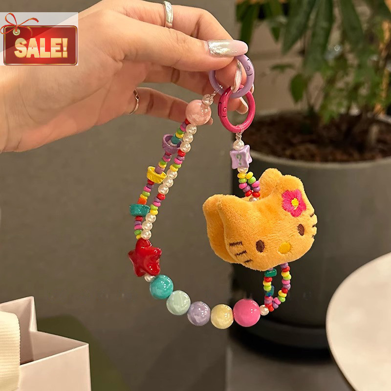 Bl น่ารัก Sanrio Plush ผิวสีดํา Hello Kitty สีสันลูกปัด Key Chain เคสโทรศัพท์ Lanyard กระเป๋าจี้ Kawaii สาวหัวใจอุปกรณ์เสริมของขวัญ A