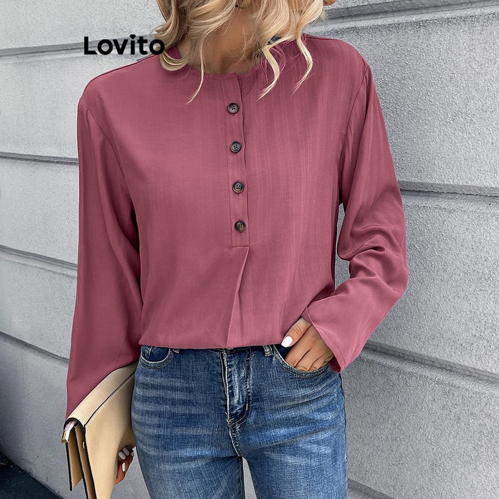 Lovito เสื้อเบลาส์ผู้หญิง แต่งจีบ มีกระดุม สีพื้น สไตล์ลำลอง LNL120