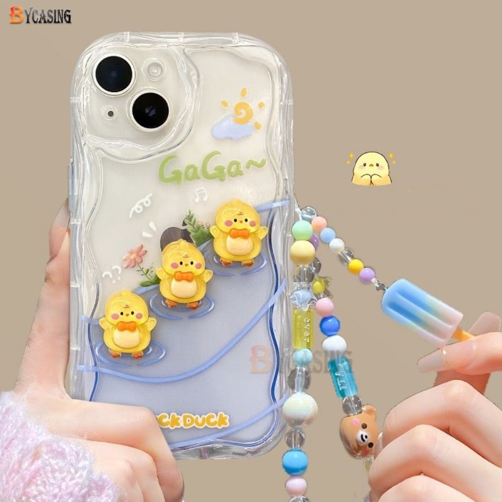 น่ารักสําหรับiphone 11 7Plus 13 14 12 15 Pro Max XR iPhone7 8 6 6s Plus X XS Max SE 2020 3Dการ์ตูนเป็ดตุ๊กตาหรูหราสร้อยข้อมือSoft Clear Caseโดย