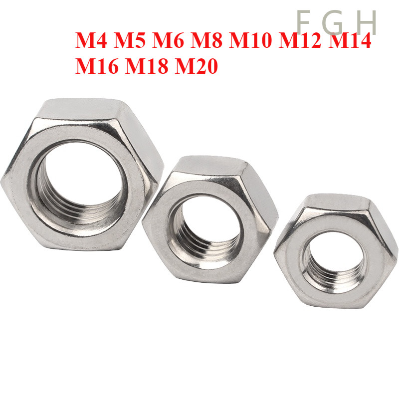 [FGHLM-1-y] หัวน็อต ตัวเมีย หกเหลี่ยม สแตนเลส 304 เกลียวมิล หยาบ ด้ายย้อนกลับ / Hexagon Nut Stainless Steel SUS304 M4 M5 M6 M8 M10 M12 M14 M16 M18 M20
