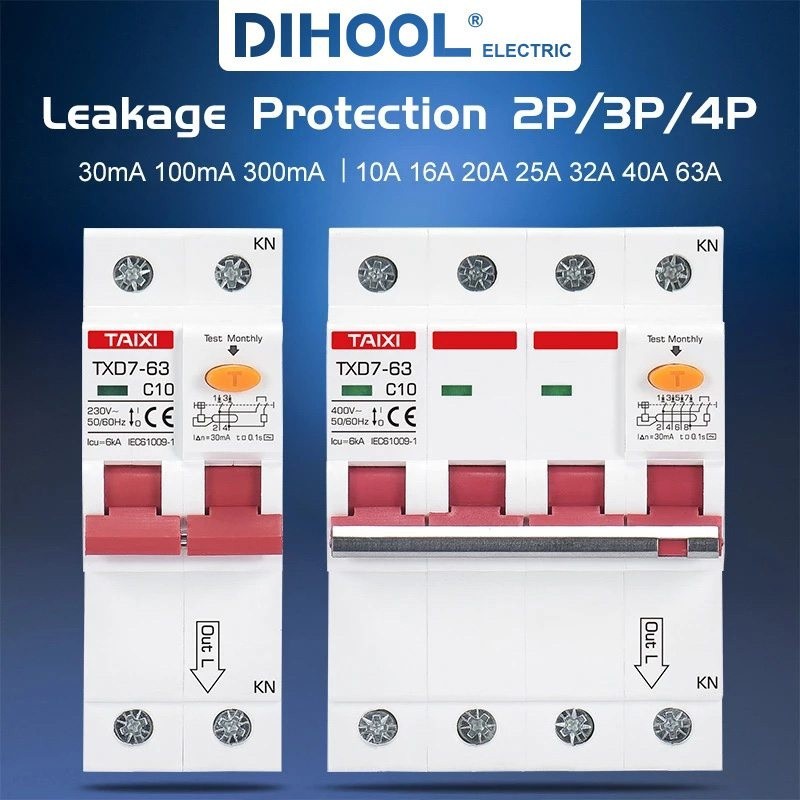 ✩Mini RCBO Circuit Breakers ELCB For Low Voltage 63A With 30mA 100mA 300mA Leakage 6KA Circuit