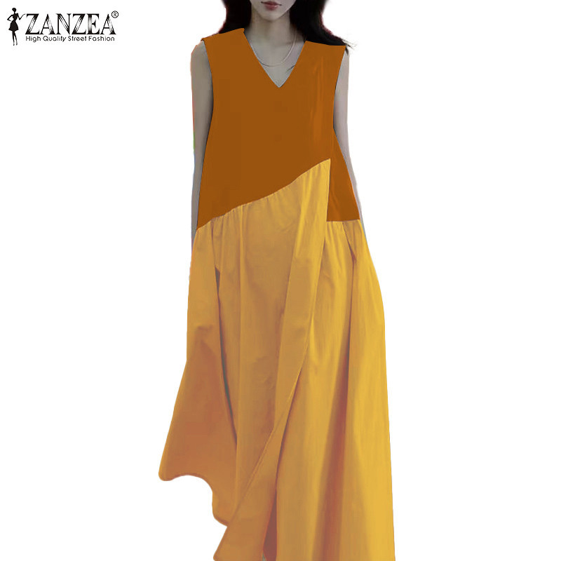 ZANZEA ใส่ ซานเซีย ผู้หญิงเกาหลีสบายๆคอวีเย็บปะติดปะต่อกันแขนกุดหลวมจีบชุด