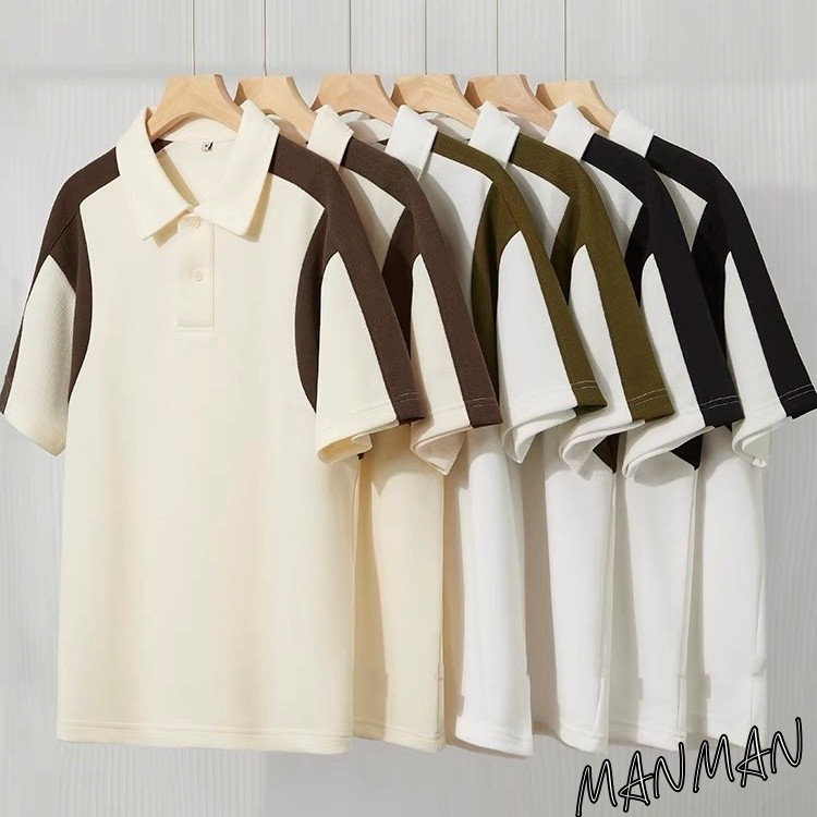 MANMAN ปกเสื้อสีผสมแขนสั้น รุ่นลำลองทรงหลวม เสื้อโปโลผู้ชาย ใส่ได้ทั้งชายและหญิง เสื้อฤดูร้อนแมทช์ลุคง่าย