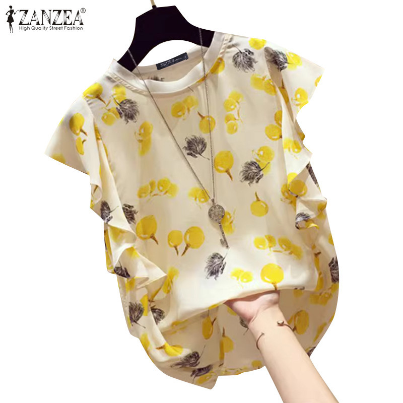 Zanzea ผู้หญิงวินเทจคอกลม Ruffle Fly Sleeve Flora พิมพ์เสื้อทุกวัน