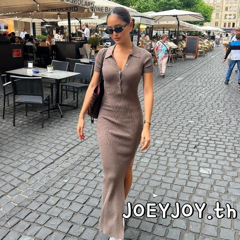 Joeyjoy-ชุดลําลองผู้หญิงสีทึบปกปุ่มขึ้นแขนสั้นชุดติดตั้งชิ้นเดียว