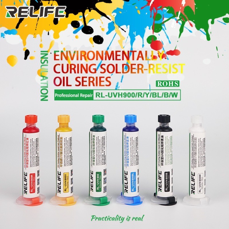 Relife RL-UVH900/R/Y/BL/B/W เชื่อม UV สีเขียวกาว Curable Solder Mask 10CC PCB BGA Board ป้องกันบัดกรีวาง Flux เชื่อมน้ํามัน