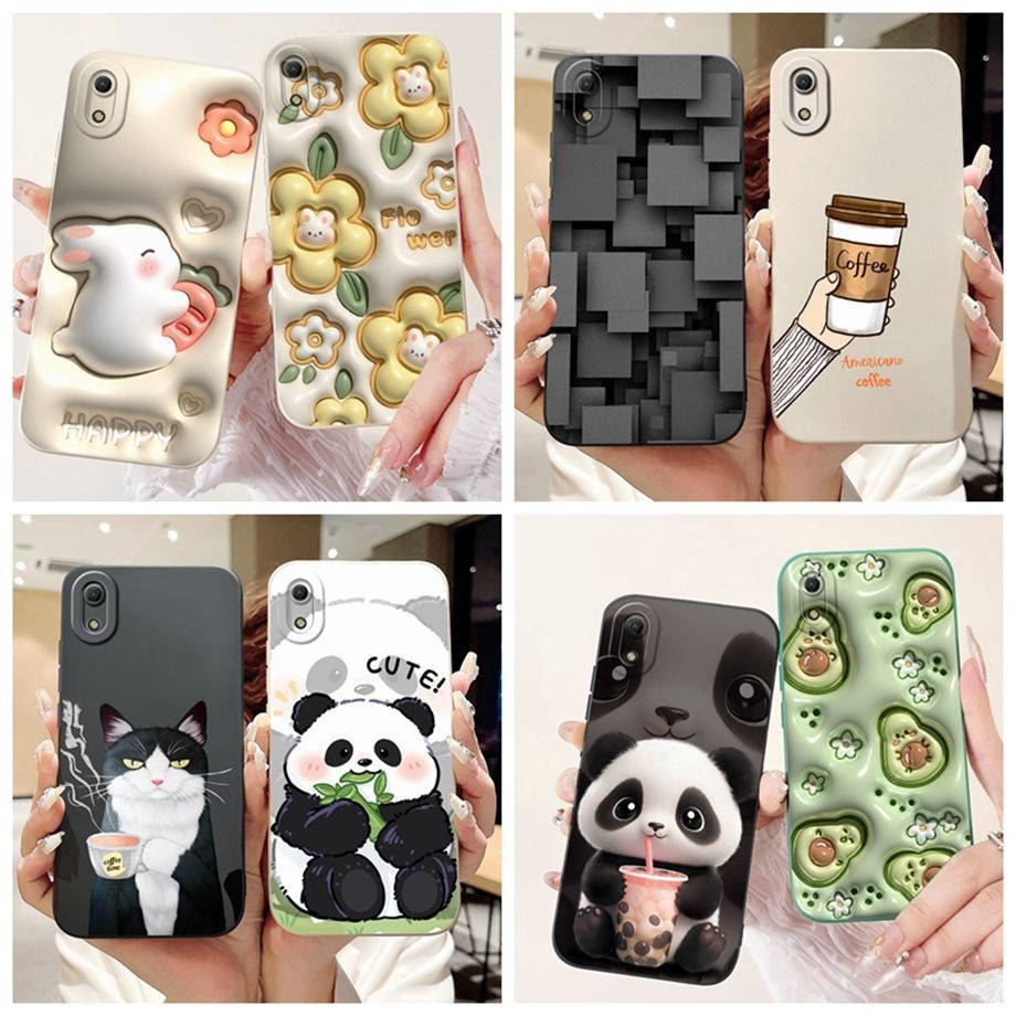 สําหรับ Huawei Y6 Pro (2019) MRD-LX2 กรณีแพนด้าการ์ตูนดอกไม้ป้องกันกล้องเต็มรูปแบบตรงขอบ Matte Soft 