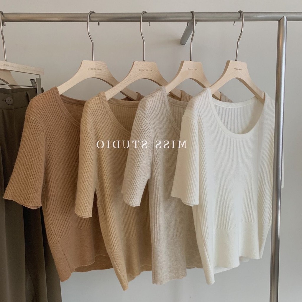 imoveEuropean-Style Womens Ice Silk Stripes Short-Sleeved Sweater Thin round Neck Wide Loose Shoulder Short Innerwear เสื้อยืด Tops