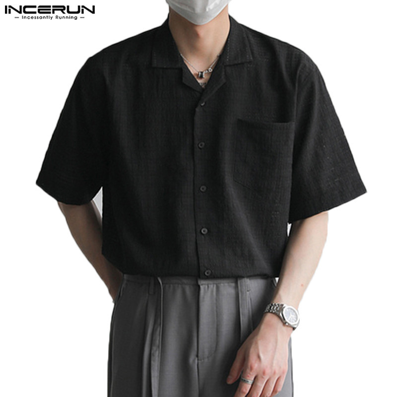 ไม่แน่นอน ผู้ชายเกาหลีลําลองเปิดลงปกเสื้อแขนสั้นหลวม