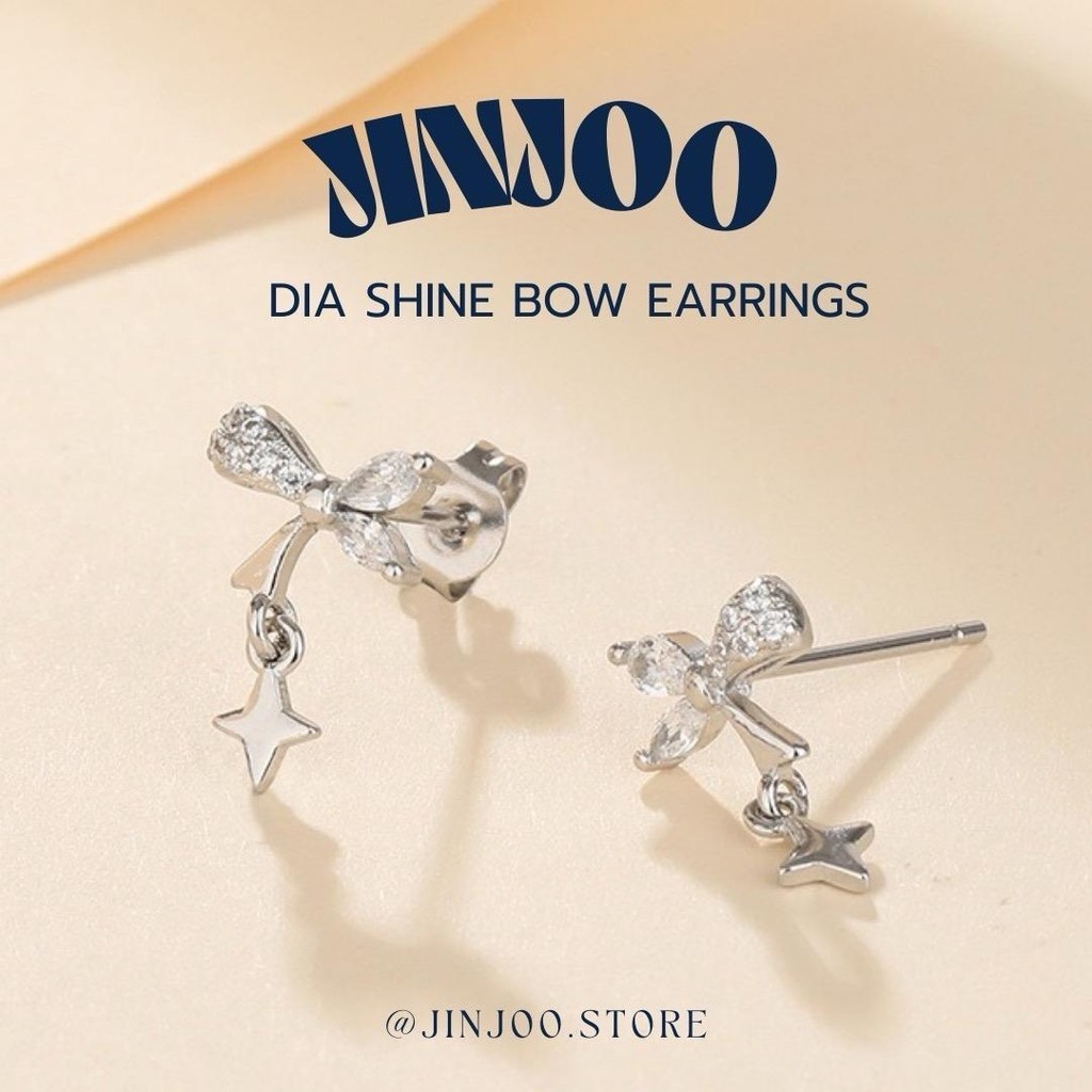 Jinjoo ต่างหูโบว์ รุ่น Dia Shine BOW Earrings น่ารัก โซคิ้ว (แป้นทับ+จุกยาง) รหัส EJ32