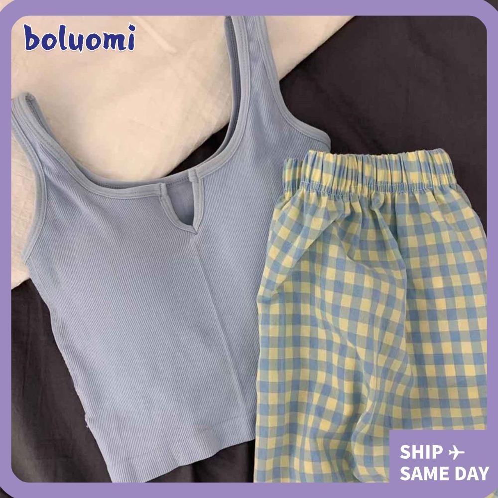 Bolumi ชุดกางเกงขาสั้นเสื้อครอป, ชุดนอนฤดูร้อนระบายอากาศได้, ลําลองยืดหยุ่น Cozy Floral เสื้อกล้ามผู้หญิงผู้หญิง