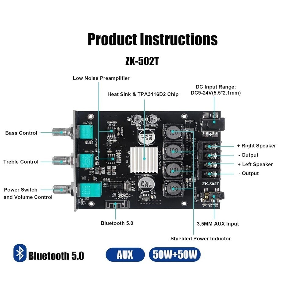 ZK-502T 50W + 50W สเตอริโอเครื่องขยายเสียง, treble และเบส DC 9-24V BT และอินพุต AUX สำหรับ DIY ลำโพงไร้สาย ADM