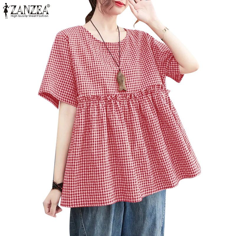 Zanzea เสื้อเบลาส์แขนสั้นพิมพ์ลายตารางลําลองเกาหลีสําหรับผู้หญิง