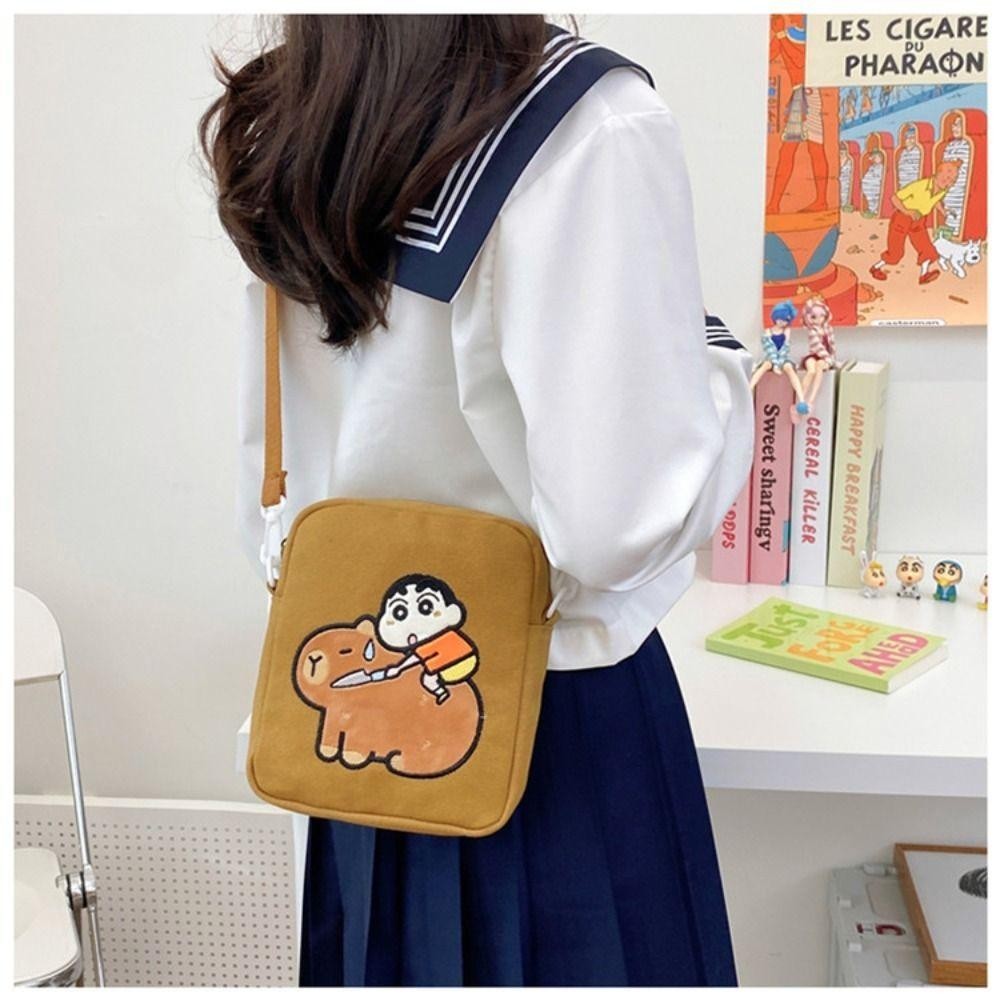 DEALSHOP กระเป๋าสะพายข้าง,กระเป๋าใส่เหรียญการ์ตูน Capybara กระเป๋าสะพาย,น่ารักน้ําหนักเบาผ้าใบซิปกระเป๋าเดินทางโทรศัพท์