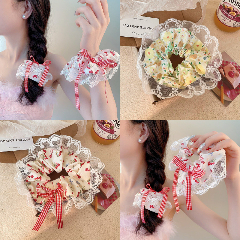 หญิง 2024 ใหม่หวานและน่ารักลูกไม้โบว์สีแดงยางรัดผมยืดหยุ่นสูง