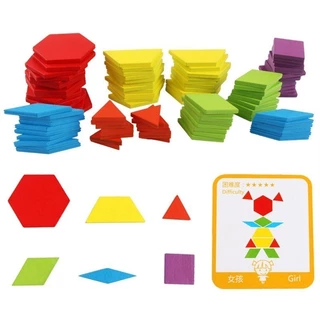 GeeToy 155 ชิ้น/เซ็ตไม้รูปแบบบล็อกรูปทรงเรขาคณิตจิ๊กซอว์ปริศนา Tangram Montessori ของเล่นเพื่อการศึกษาสําหรับเด็ก 24 ชิ้นการ์ด