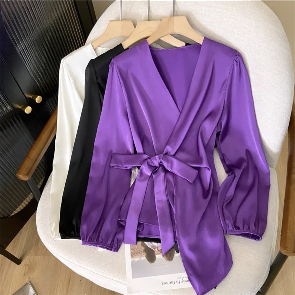 Top Strap Early Autumn Blouse Design Purple Young Spring NewvCollar Satin French Shirt Niche Waist