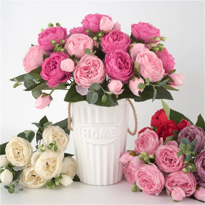30CM Fake Roses Silk Peony Artificial Flowers Cheap New Year's Christmas Decorations Vase for Home W
