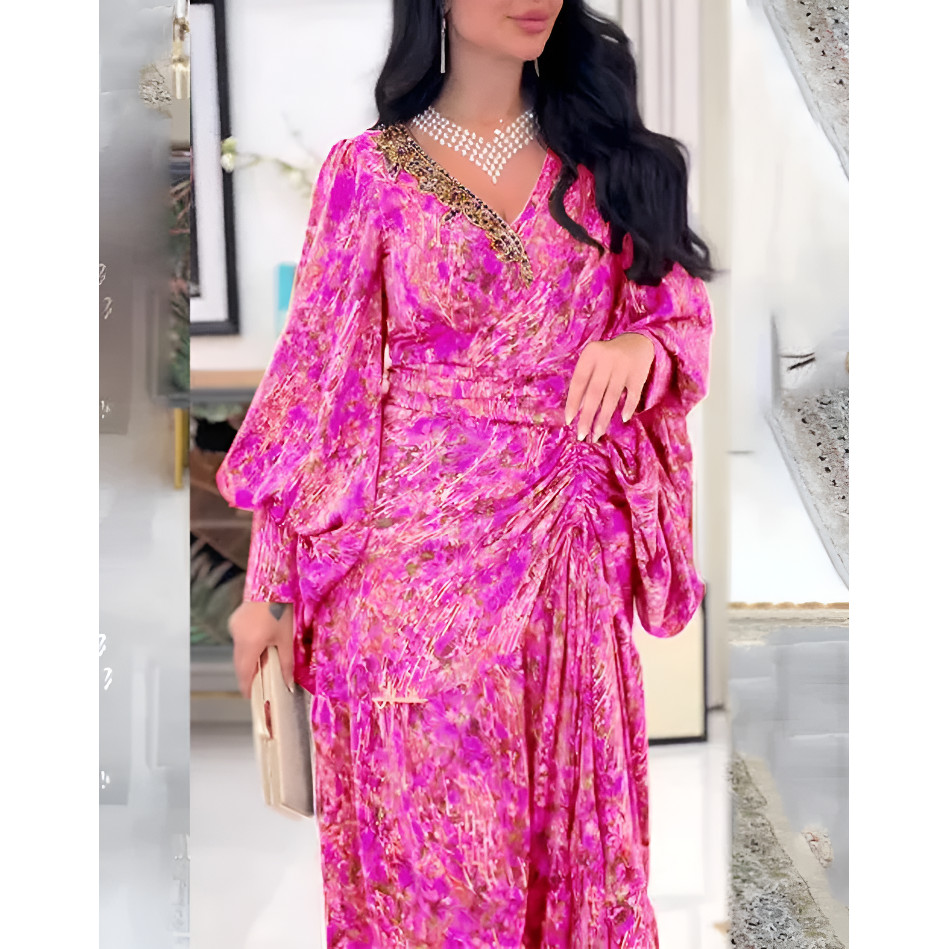 CCC เดรสพิมพ์ลายเรียบหรูพร้อมเอวเพรียวและคอปกเพรียว