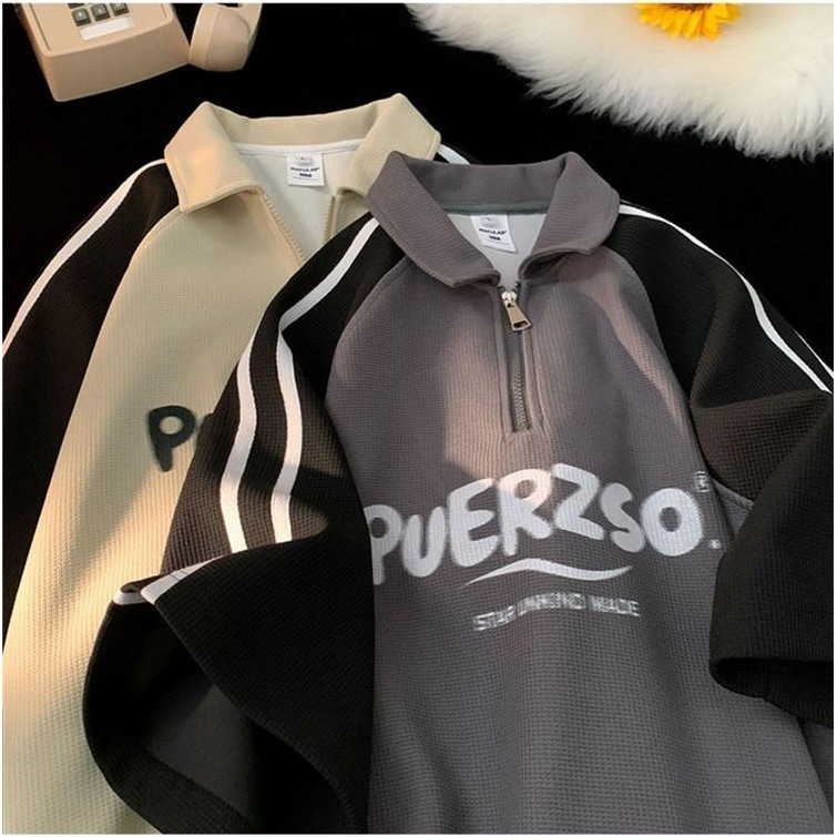 Proman-2024 🎈สไตล์ญี่ปุ่น วาฟเฟิล ซิปครึ่ง POLOเสื้อ ชาย แนววินเทจ ปกพับ แขนสั้น