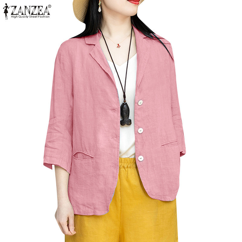 Zanzea Womens Causal Thin Collar 3/4 Sleeve Buckle Pockets Loose Blazer
