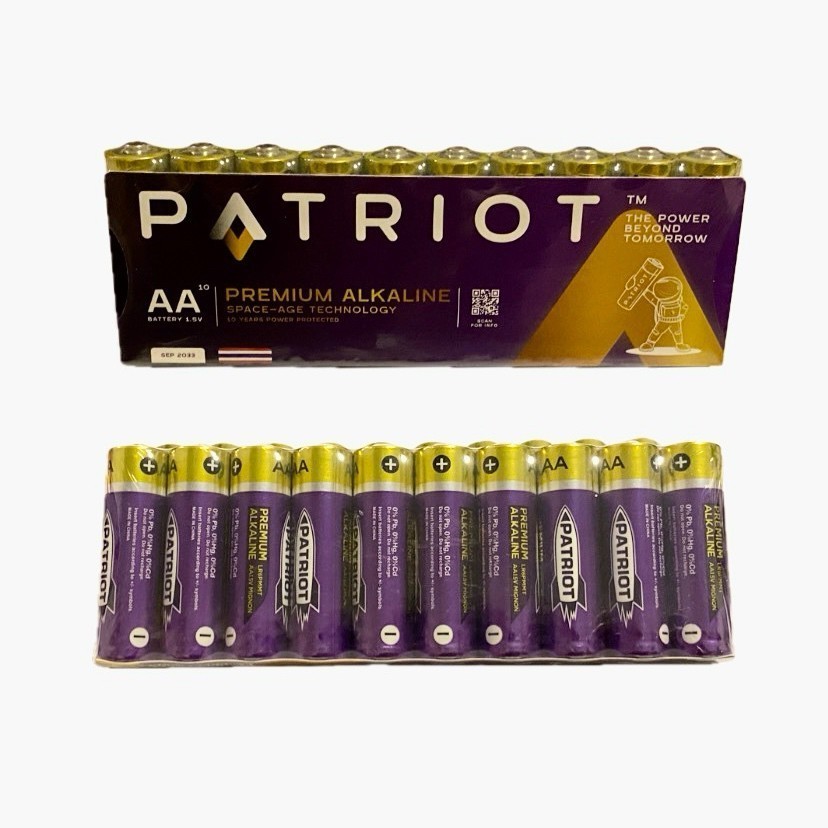 ถ่าน ถ่านเจ้าพลัง AA, AAA Patriot Premium Alkaline 1.5V Pack 10 ก้อน/แพ็ก(SC) ถ่านม่วงทอง พลังแรง ทน