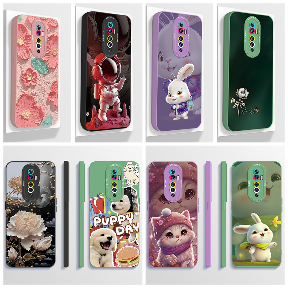 สําหรับ OPPO Reno 2 2Z 2F กรณีสแควร์ซิลิโคนเหลวเคสโทรศัพท์ความงามการ์ตูนป้องกันกล้องปลอกอ่อนกลับกันกระแทกฝาครอบ