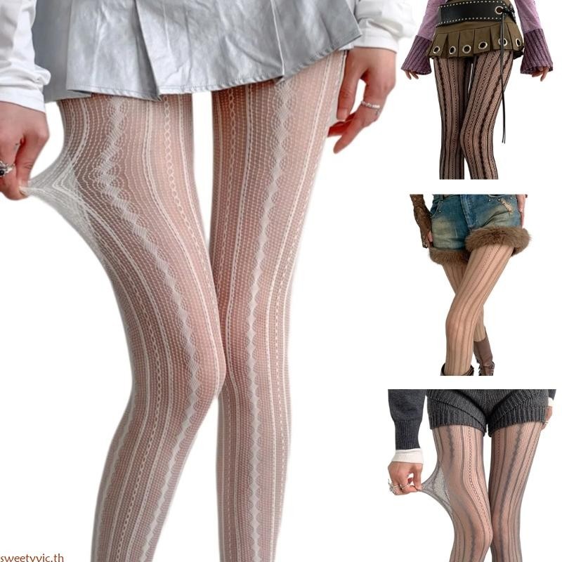 Sweety ผู้หญิง Hollowed ลูกไม้ Pantyhose ถุงน่อง Vintage Rhombus ลายเรขาคณิต Jacquard Fishnet Tights เลกกิ้ง