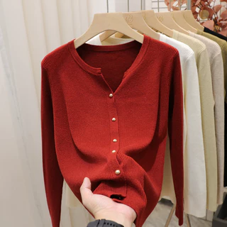 Xiaoma111 เสื้อสเวตเตอร์ถักแขนยาวเสื้อแจ็คเก็ตผู้หญิงสไตล์ใหม่ฤดูใบไม้ร่วง V คอสีทึบ Simple Classy เสื้อไหมพรม Tops Match Happy JD3S