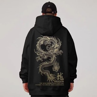 ✨ 🙌 เสื้อกันหนาว มีฮู้ด ขนาดใหญ่ พิมพ์ลายมังกรจีน แฟชั่นสําห…