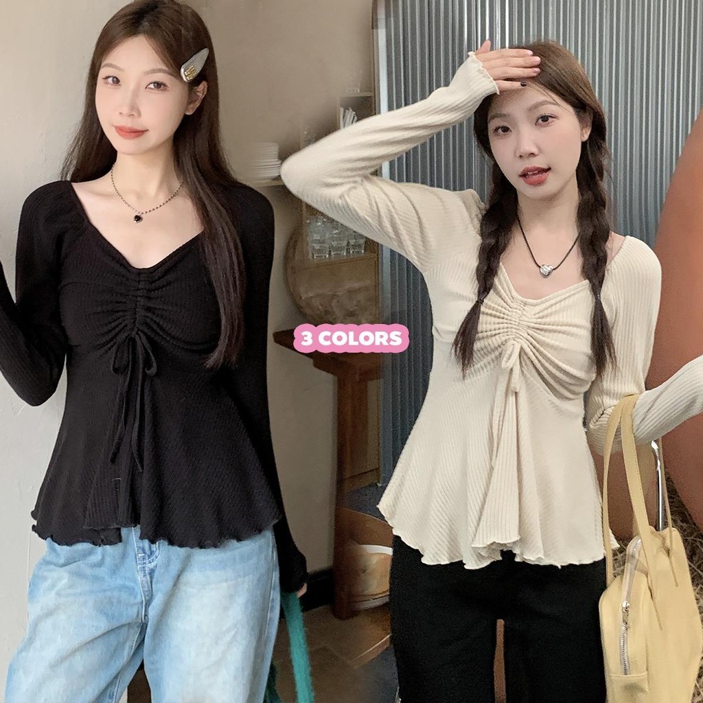 mimi&didi#เสื้อยืดแขนยาวไหมพรมแฟชั่น คอวี มีเชือกผูก เสื้อทรงเข้ารูปและใช้งานได้หลากหลาย วินเทจ น่ารักและเซ็กซี่ #P135