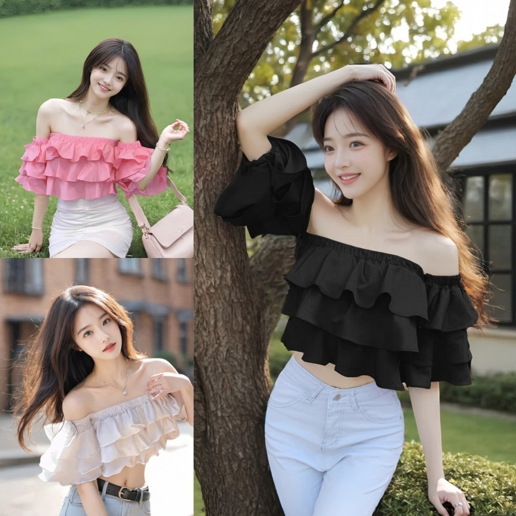 เสื้อครอปปาดไหล่สีพื้น ดีไซน์เรียบแต่ดูดีมาก สวมใส่สบายเนื้อผ้าขนมชั้นและชีฟอง ราคาพิเศษ พร้อมสไตล์เกาหลีทันสมัย