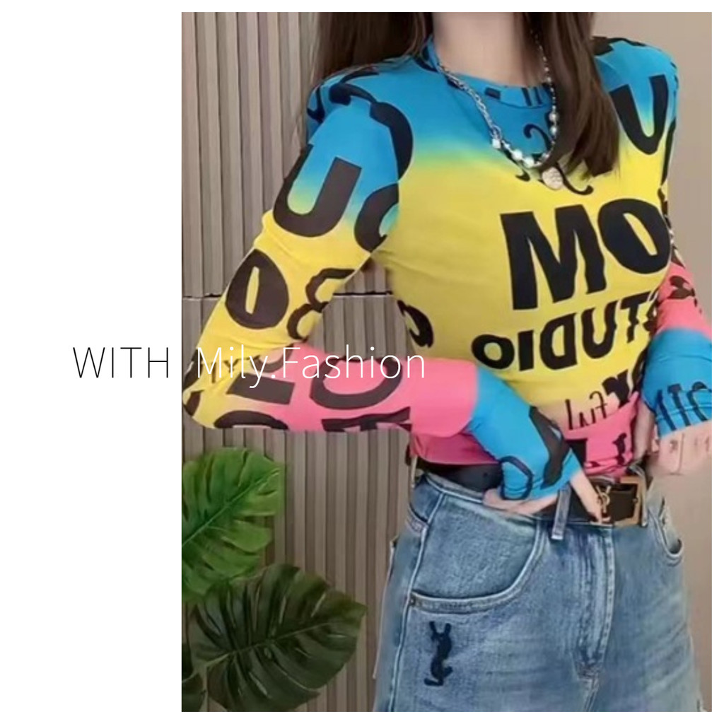 Milyfashion เสื้อยืดแขนยาว เข้ารูป พิมพ์ลาย แฟชั่นบอททอม สําหรับผู้หญิง 2023