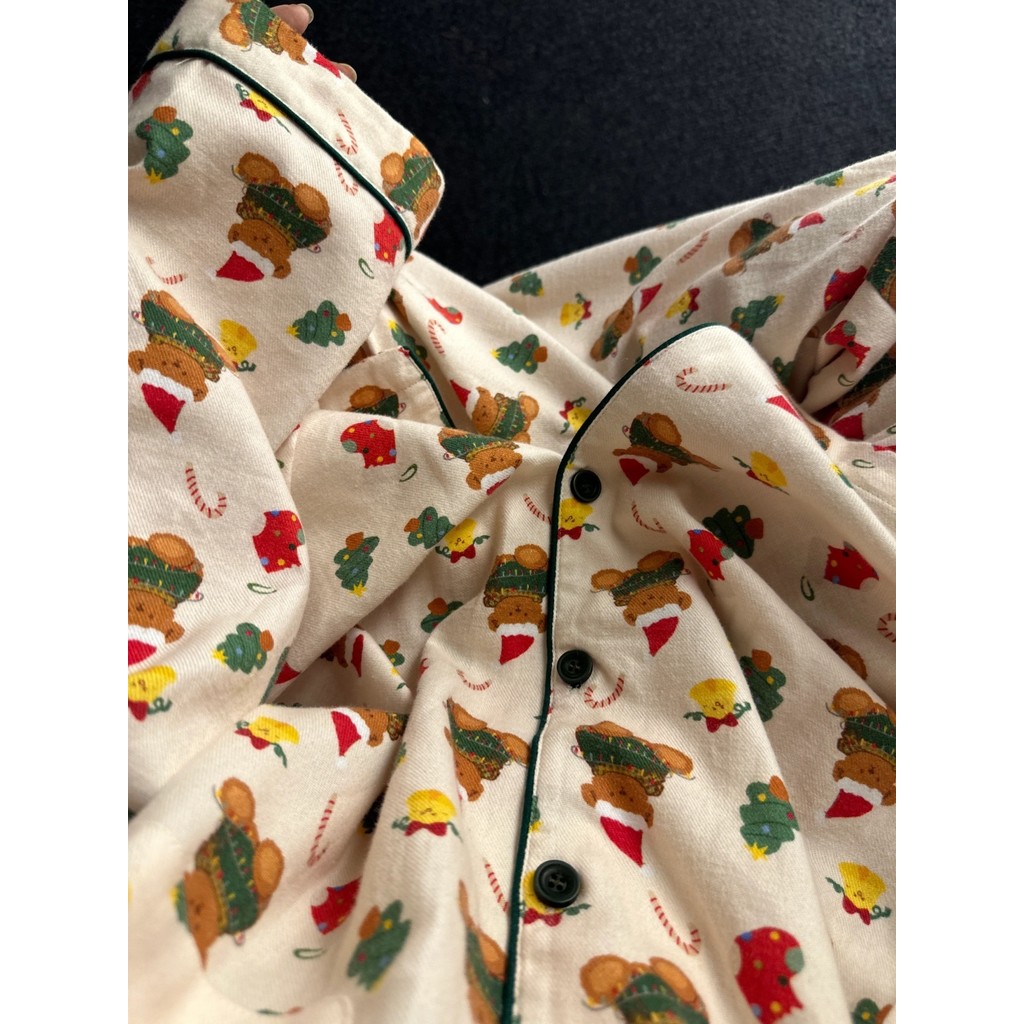 ชุดนอนผ้าฝ้ายหญิงหมีฤดูใบไม้ผลิฤดูใบไม้ร่วงสาวหลวมแขนยาวกางเกงขายาว ชุดลําลอง การพิมพ์การ์ตูนน่ารัก