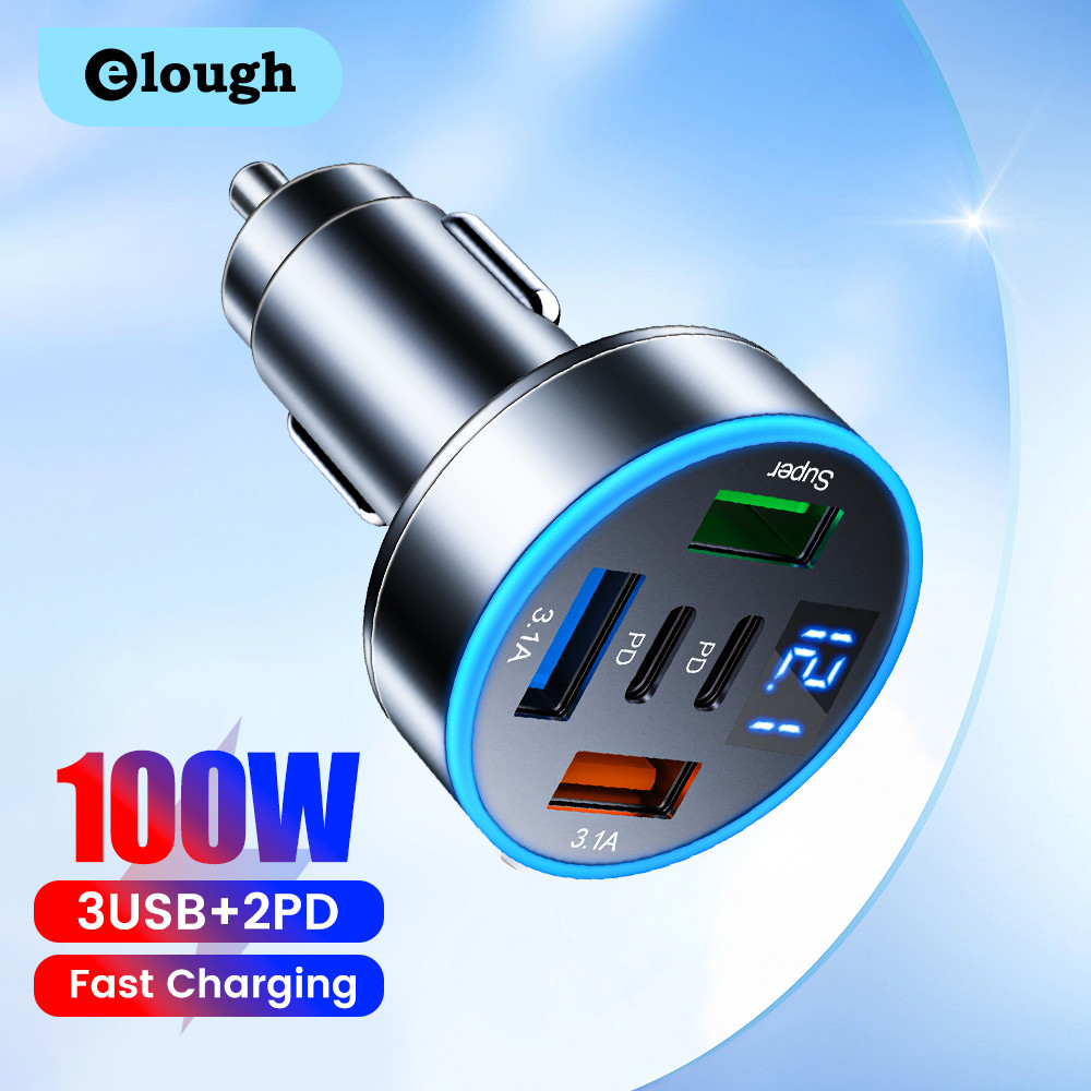 Elough 100W 3USB + 2PD Fast Car Charger 5 พอร์ต Fast Charging Mini USB PD Type C รถอะแดปเตอร์ชาร์จโทรศัพท์