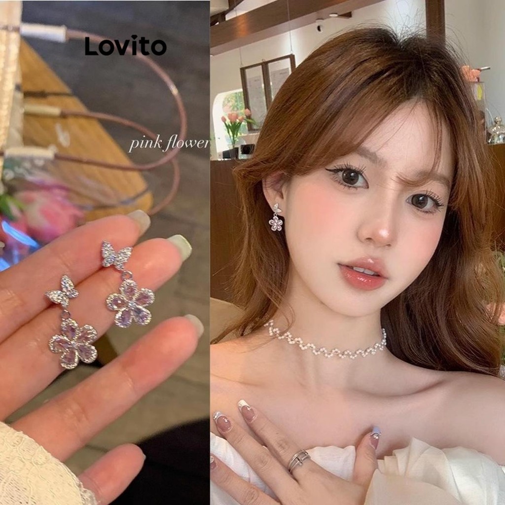 Lovito ต่างหู ไรน์สโตน ดอกไม้ผีเสื้อดอกไม้สบาย ๆ สำหรับผู้หญิง LFA44095