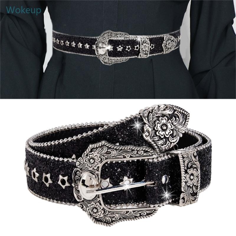 Wake Grunge เข็มขัดเอวสําหรับกางเกงยีนส์กางเกงแกะสลัก Glitter ดอกไม้หัวเข็มขัดเข็มขัด Bandsman