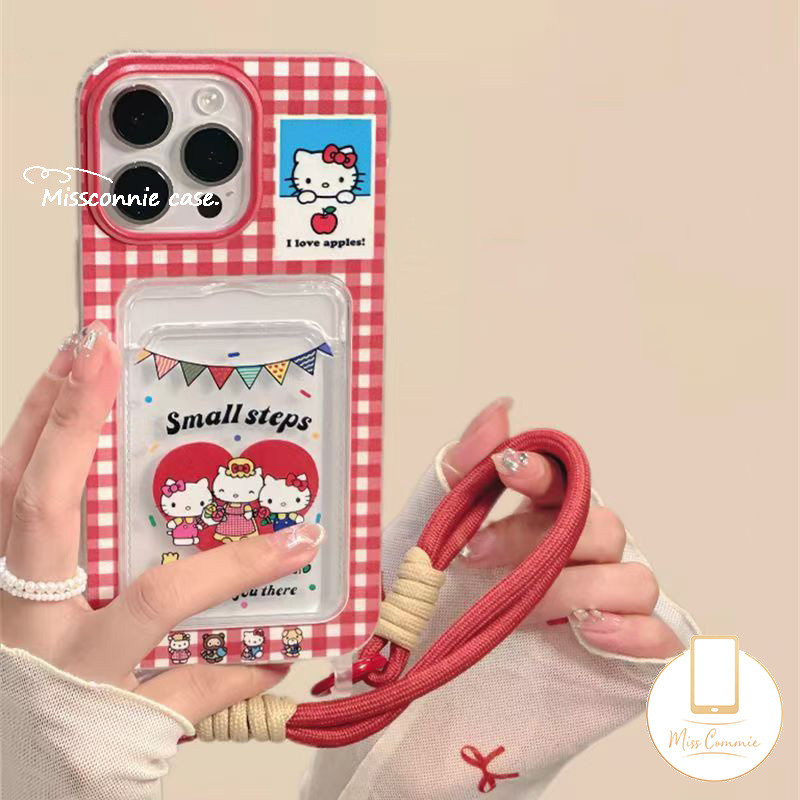 ดอกไม้ศิลปะน่ารัก Hello Kitty Bow LoveสําหรับIPhone 11 15 12 7Plus 13 14 Pro Max XR 7 15 6 6s 8 Plus XS X Max SE 2022 คู่เชือกเส้นเล็กกระเป๋าสตางค์ช่องใส่การ์ดฝาครอบ