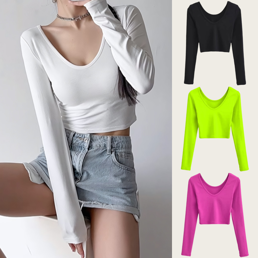 Suysuy พร้อมส่ง เสื้อครอป แขนยาว คอวี ผ้าเรยอน นุ่มนิ่ม ใส่สบายระบายอากาศ ทรงสวยเข้ารูป สีไม่ซีด แฟชั่นสไตล์เกาหลี